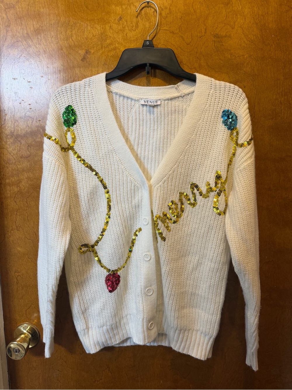 VENUS white sequin knit button-up V-neck long sleeve cardigan sweater XS